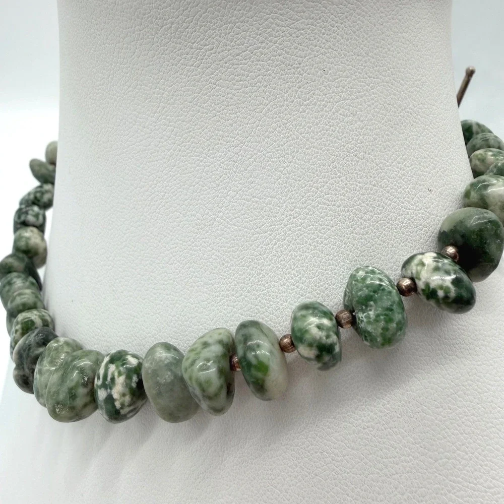 Vintage Green White Stone Bead Necklace Mottled Jasper Agate Toggle Statement